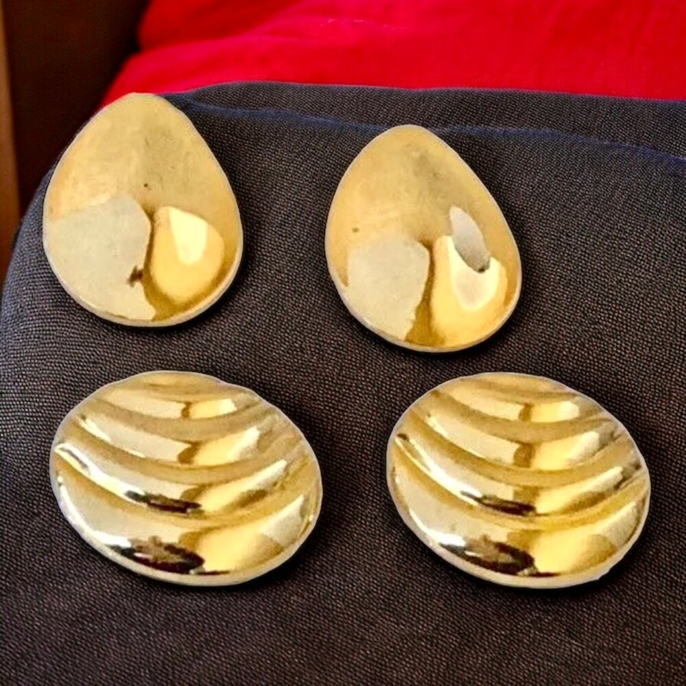 Gold Tone Pierced Stylish Statement Vintage Earrings Shiny Posts Lot of 2